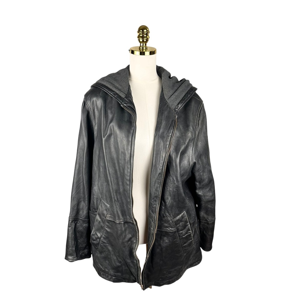 Vintage 90s Cayenne Women Black Leather Hooded Jacket Coat Made in Korea Large
